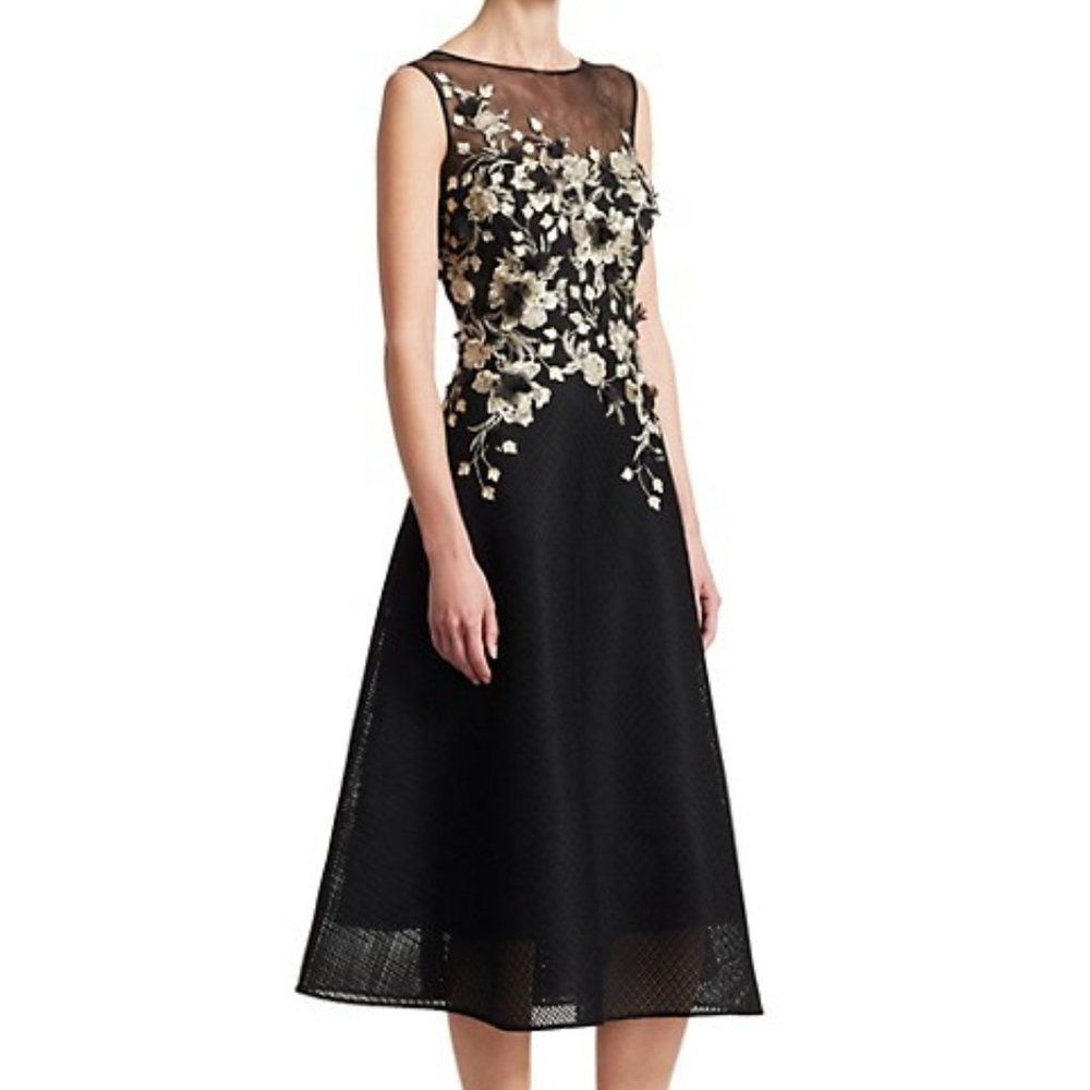 Rickie Freeman for Teri Jon Black Mesh Midi Dress with Gold Floral Appliqué